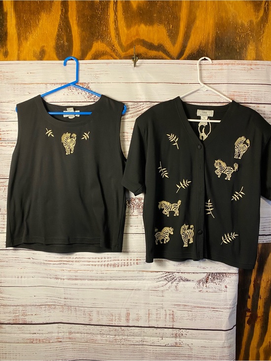 Lisa international Tops - Lisa International Black Top and Cardigan Set with Gold Zebra Embroidery Sz-XL